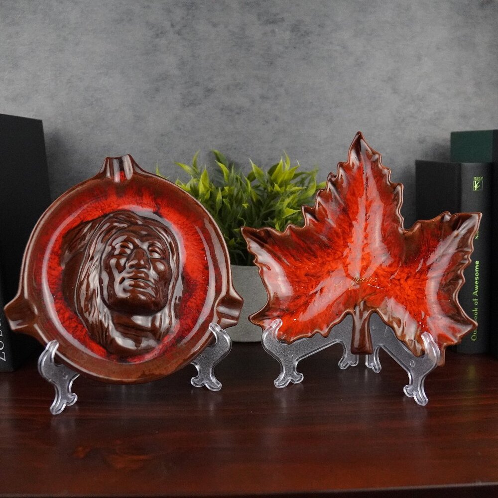 Vintage McMaster Footed Pottery Set Maple Leaf Catchall & Centennial Ashtray